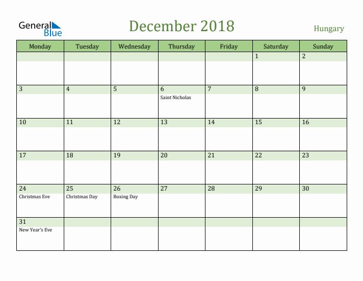 December 2018 Calendar with Hungary Holidays