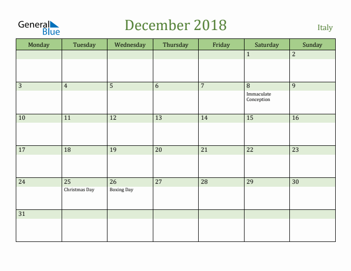 December 2018 Calendar with Italy Holidays