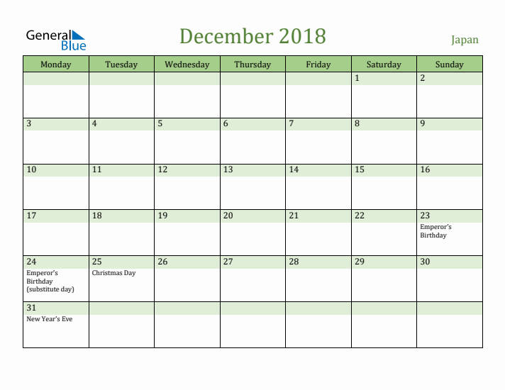 December 2018 Calendar with Japan Holidays