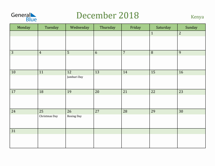 December 2018 Calendar with Kenya Holidays
