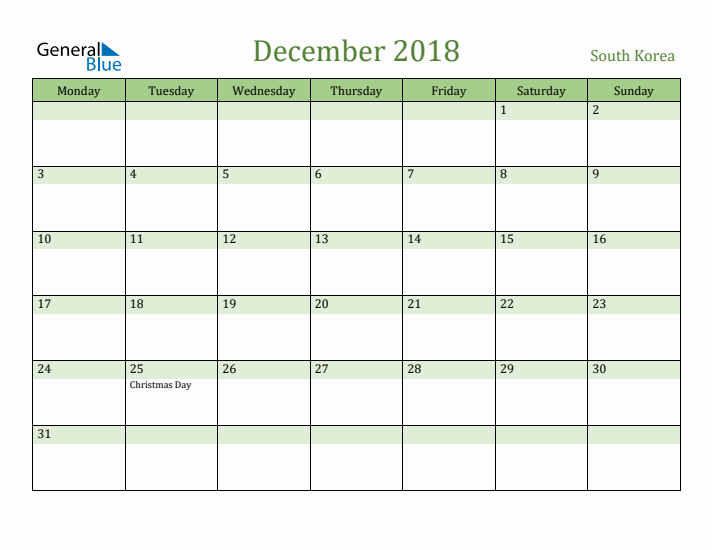 December 2018 Calendar with South Korea Holidays