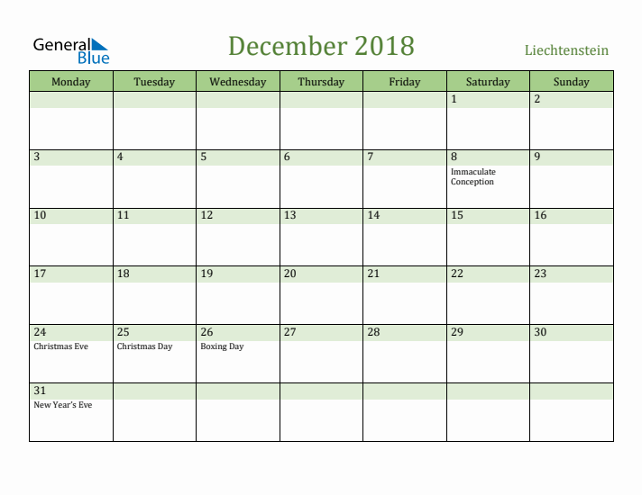 December 2018 Calendar with Liechtenstein Holidays