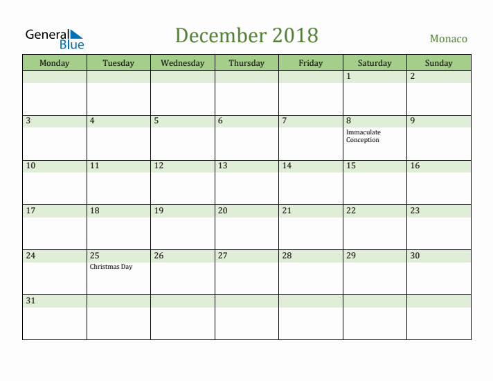 December 2018 Calendar with Monaco Holidays