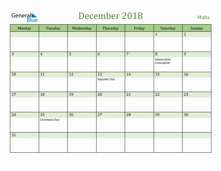 December 2018 Calendar with Malta Holidays