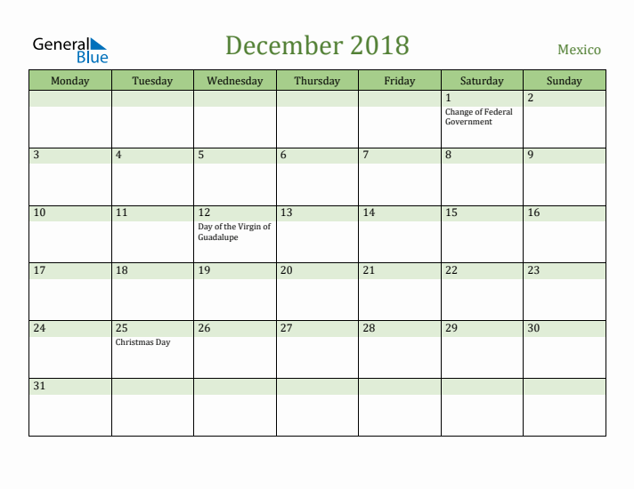 December 2018 Calendar with Mexico Holidays