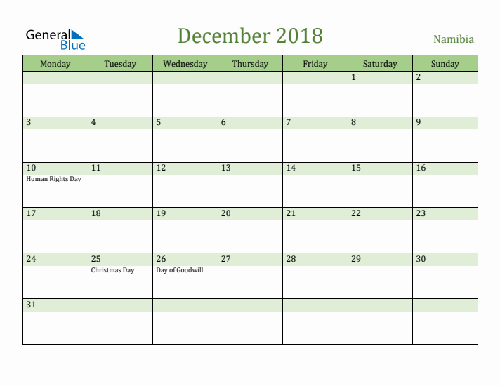December 2018 Calendar with Namibia Holidays