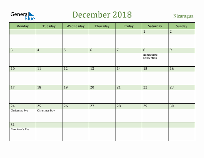 December 2018 Calendar with Nicaragua Holidays