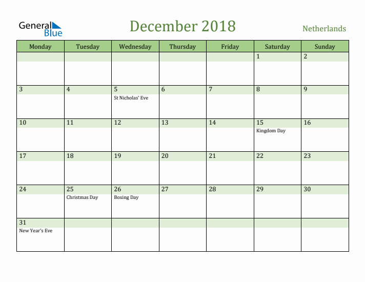 December 2018 Calendar with The Netherlands Holidays
