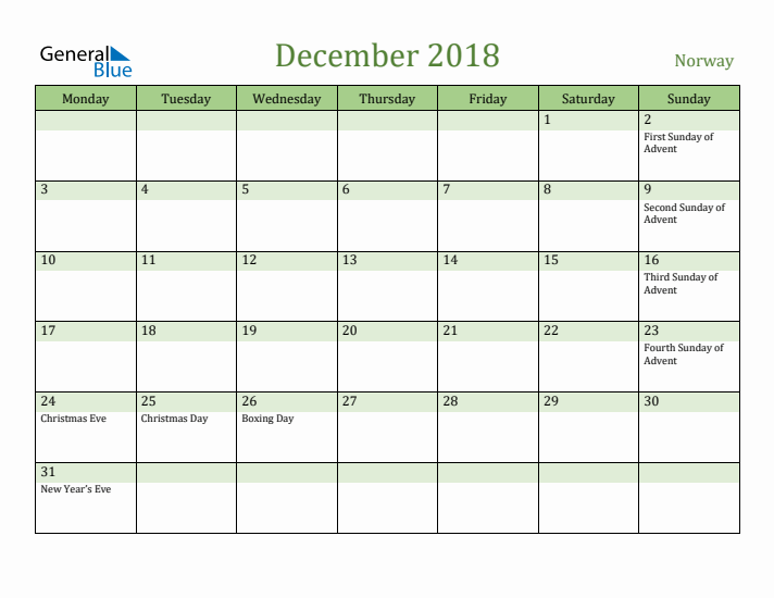 December 2018 Calendar with Norway Holidays