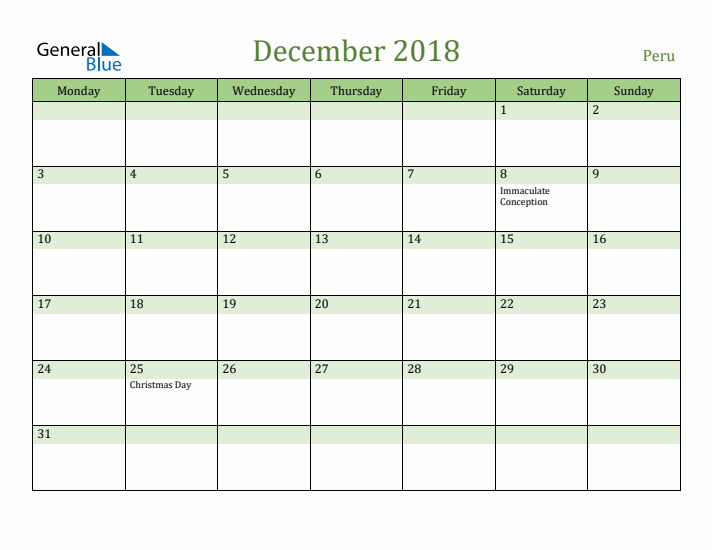 December 2018 Calendar with Peru Holidays