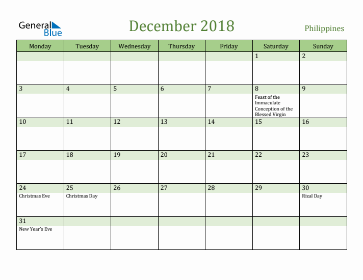 December 2018 Calendar with Philippines Holidays