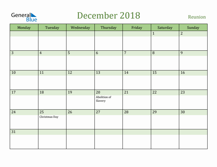 December 2018 Calendar with Reunion Holidays