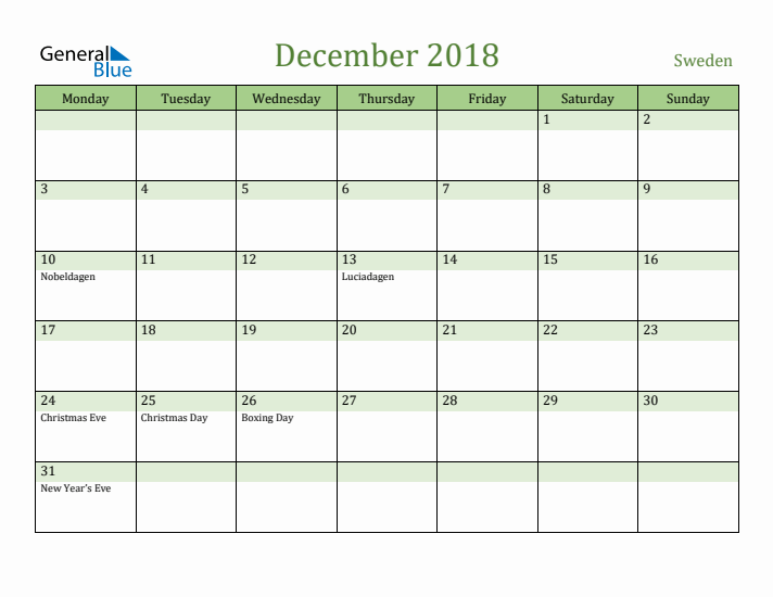 December 2018 Calendar with Sweden Holidays