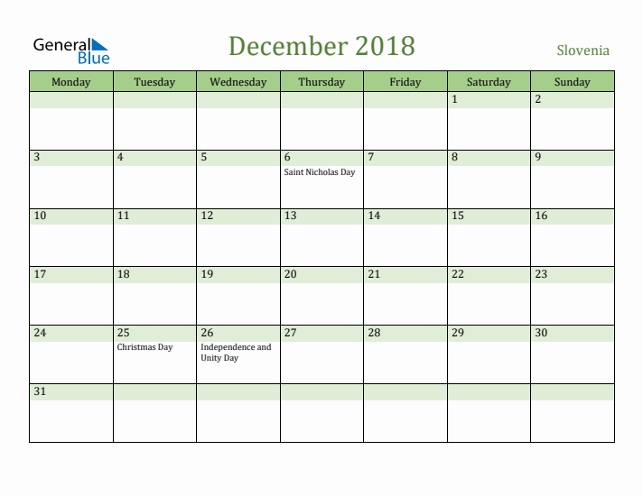 December 2018 Calendar with Slovenia Holidays