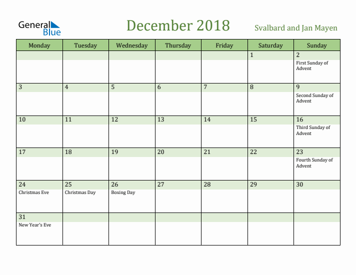 December 2018 Calendar with Svalbard and Jan Mayen Holidays