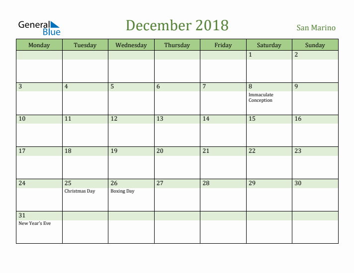 December 2018 Calendar with San Marino Holidays