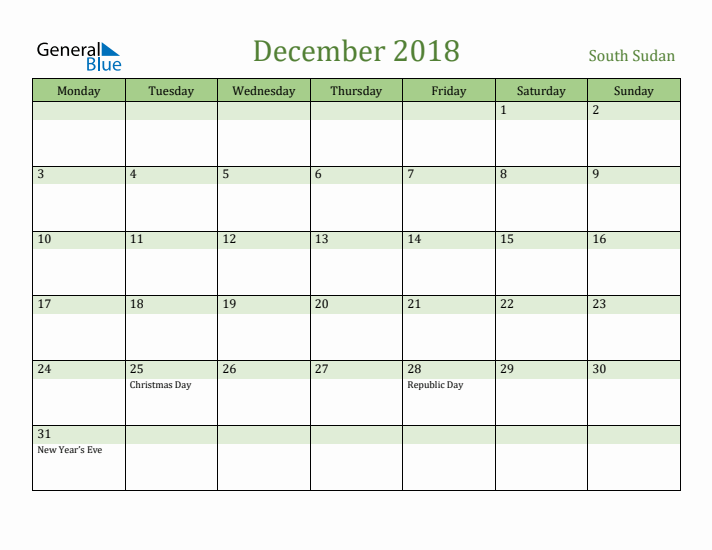 December 2018 Calendar with South Sudan Holidays