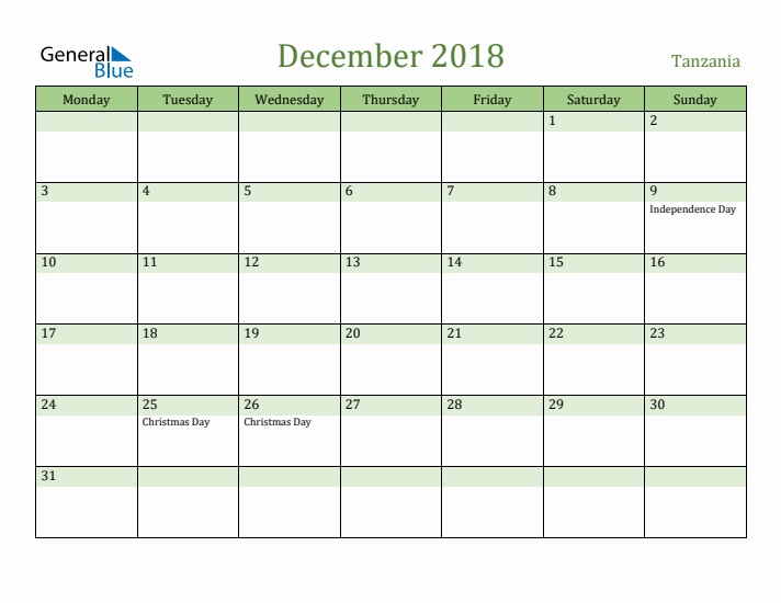 December 2018 Calendar with Tanzania Holidays