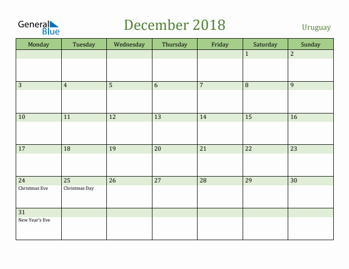 December 2018 Calendar with Uruguay Holidays