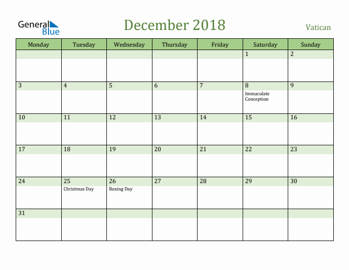 December 2018 Calendar with Vatican Holidays