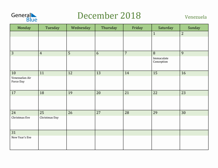 December 2018 Calendar with Venezuela Holidays