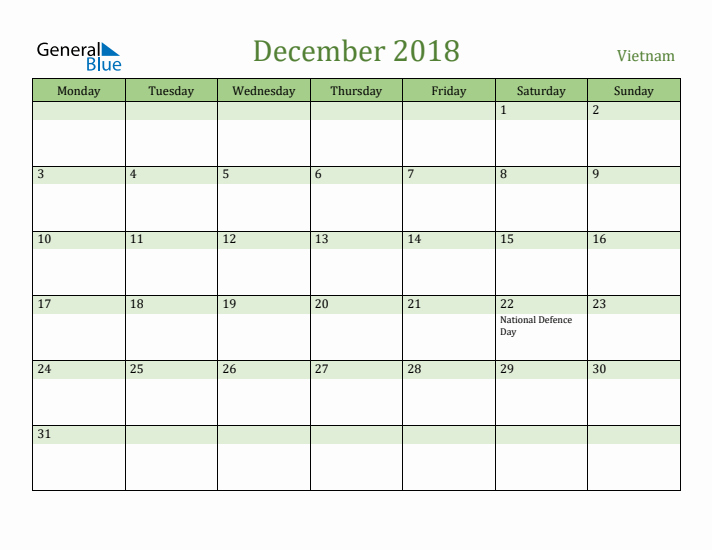 December 2018 Calendar with Vietnam Holidays