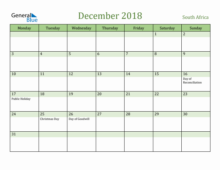 December 2018 Calendar with South Africa Holidays