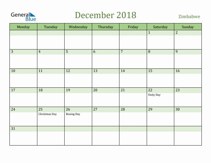 December 2018 Calendar with Zimbabwe Holidays