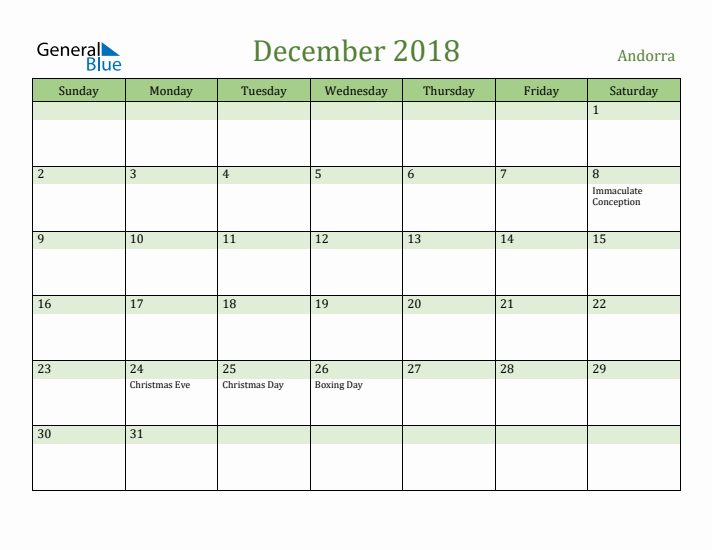 December 2018 Calendar with Andorra Holidays