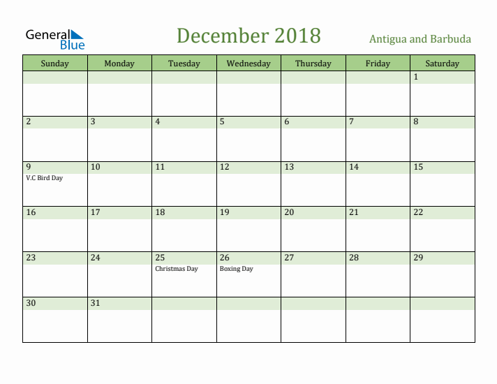 December 2018 Calendar with Antigua and Barbuda Holidays