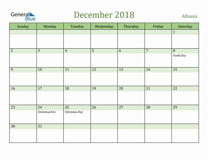 December 2018 Calendar with Albania Holidays