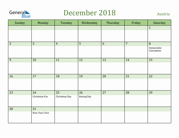 December 2018 Calendar with Austria Holidays