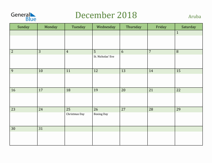 December 2018 Calendar with Aruba Holidays