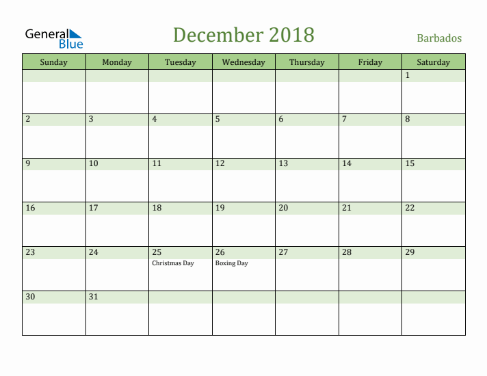 December 2018 Calendar with Barbados Holidays