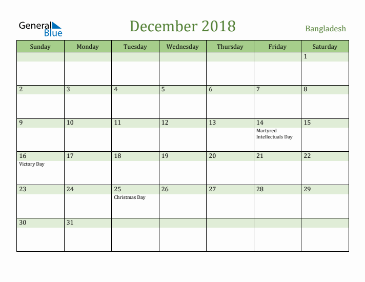 December 2018 Calendar with Bangladesh Holidays