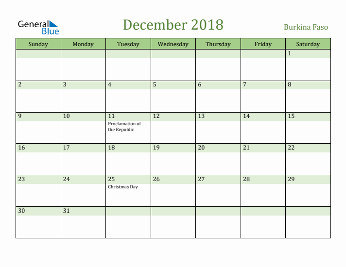 December 2018 Calendar with Burkina Faso Holidays