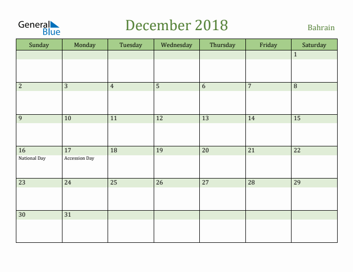 December 2018 Calendar with Bahrain Holidays
