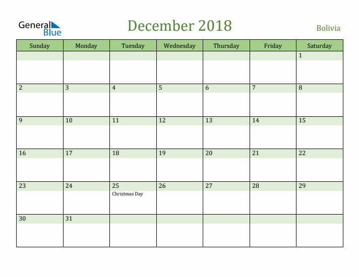 December 2018 Calendar with Bolivia Holidays