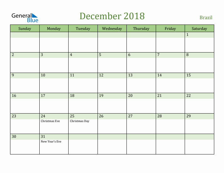 December 2018 Calendar with Brazil Holidays