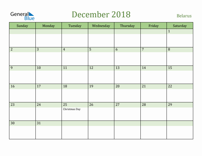 December 2018 Calendar with Belarus Holidays