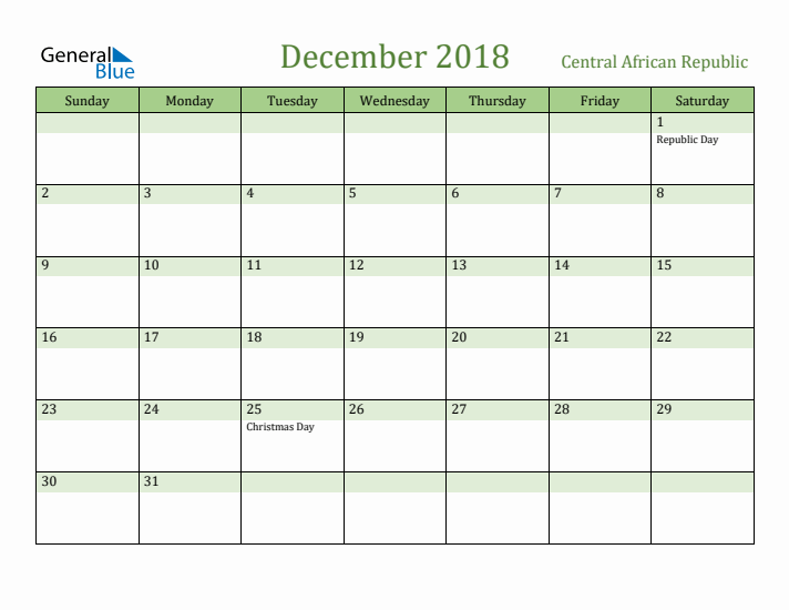 December 2018 Calendar with Central African Republic Holidays