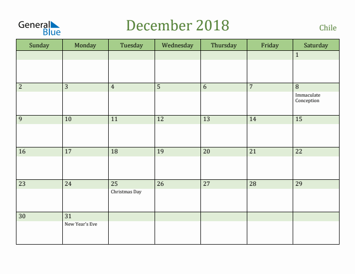 December 2018 Calendar with Chile Holidays