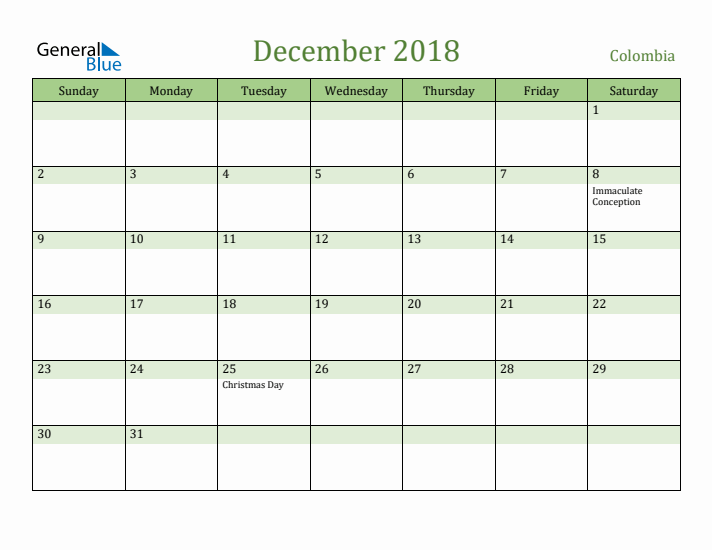 December 2018 Calendar with Colombia Holidays