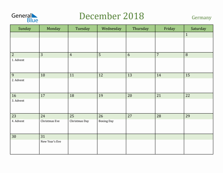 December 2018 Calendar with Germany Holidays