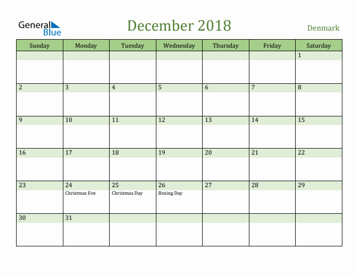 December 2018 Calendar with Denmark Holidays