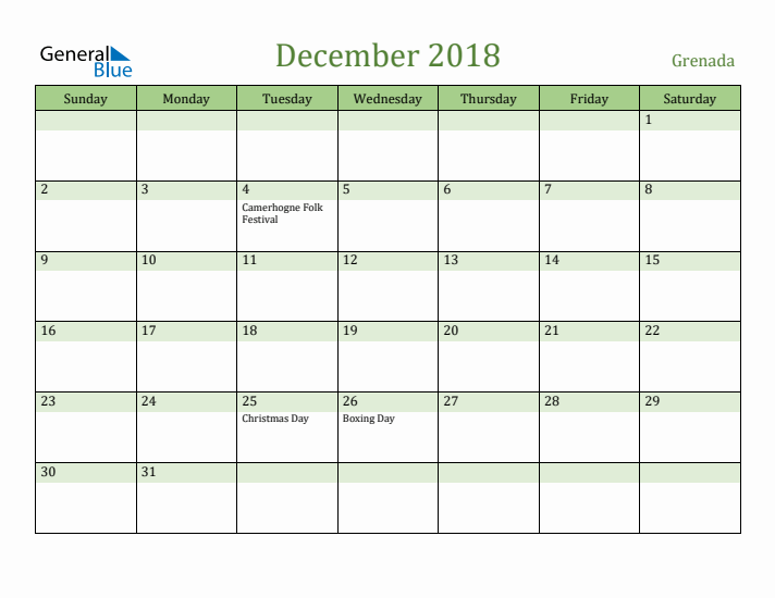December 2018 Calendar with Grenada Holidays