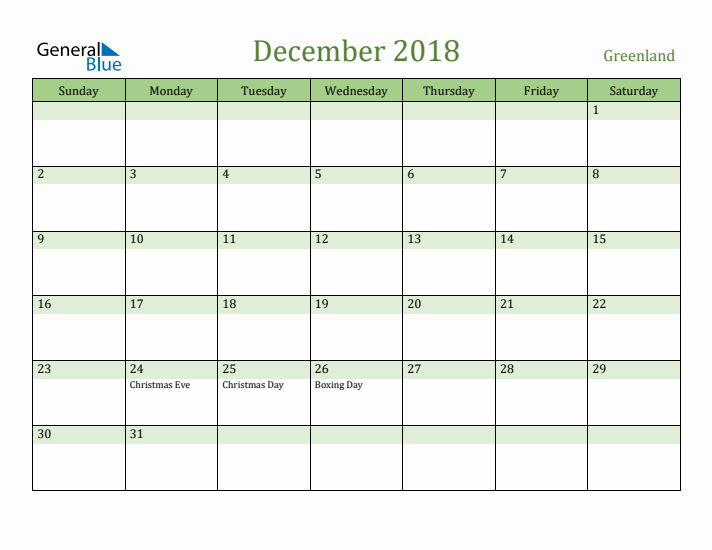 December 2018 Calendar with Greenland Holidays