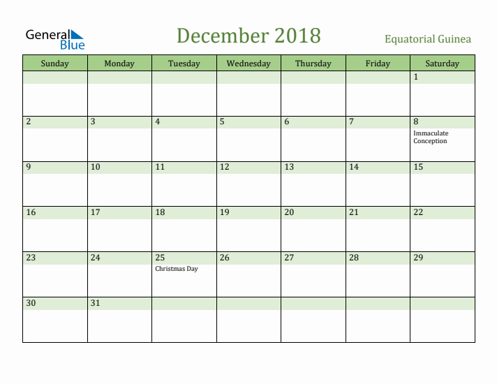 December 2018 Calendar with Equatorial Guinea Holidays