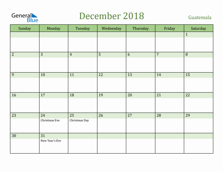 December 2018 Calendar with Guatemala Holidays