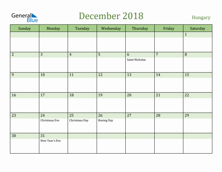 December 2018 Calendar with Hungary Holidays